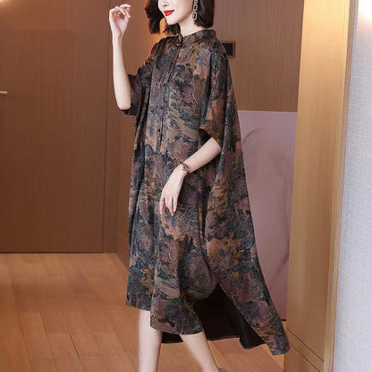 Loose Standing Collar Printed Button Silk Maxi Dress Half Sleeve