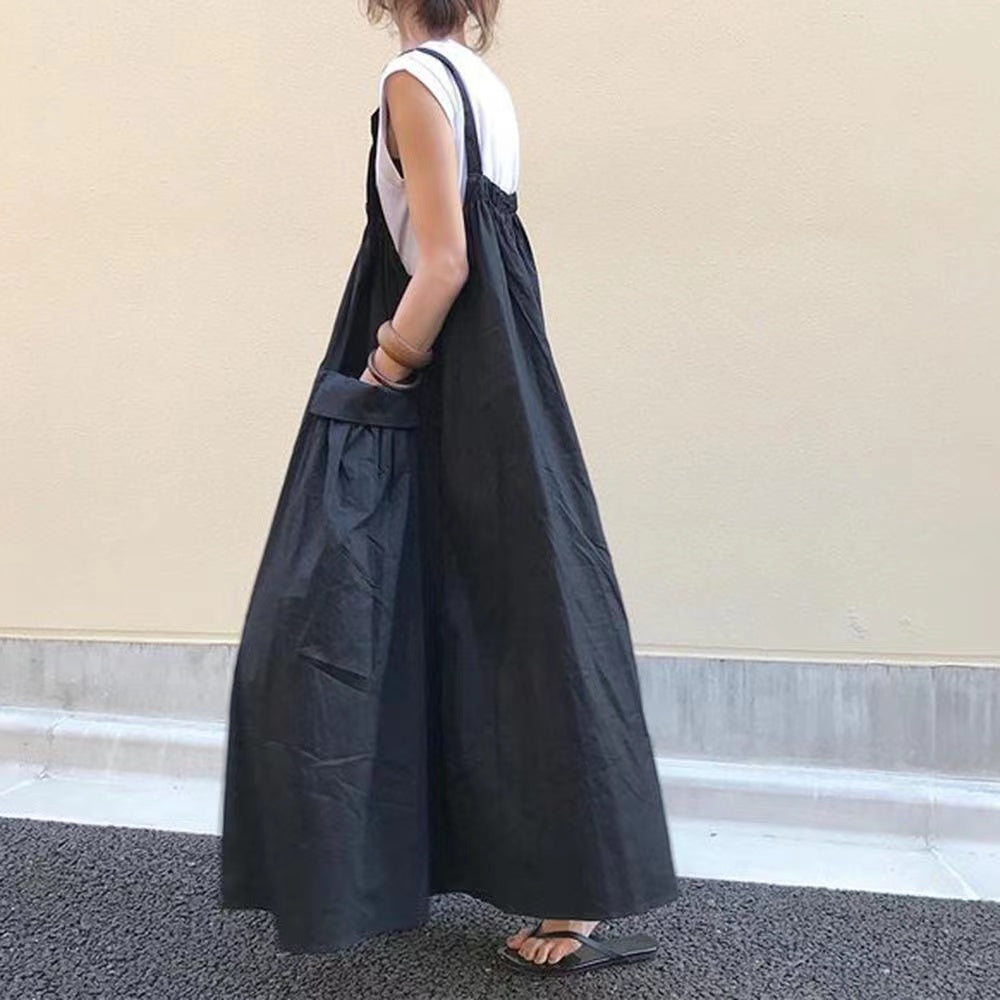 Large Pockets Oversized Hem Cotton Halter Midi Dress