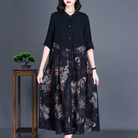 Loose Floral Printed Linen Shirt Long Sleeve Dress