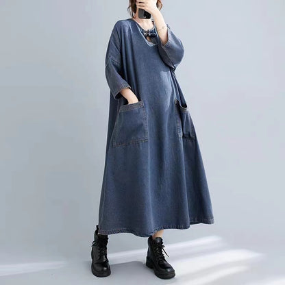 Casual Blue Oversized Pockets Old Button Long Denim Dresses