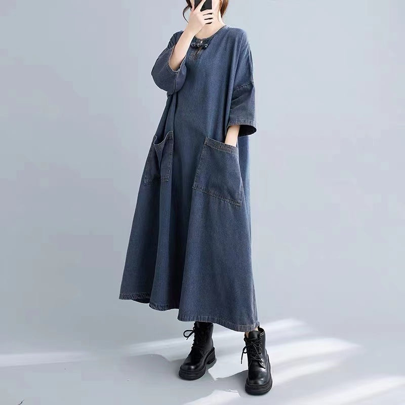 Casual Blue Oversized Pockets Old Button Long Denim Dresses