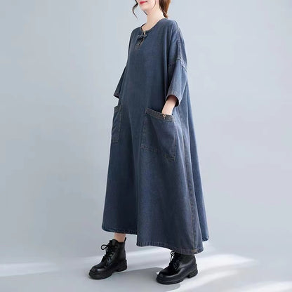 Casual Blue Oversized Pockets Old Button Long Denim Dresses