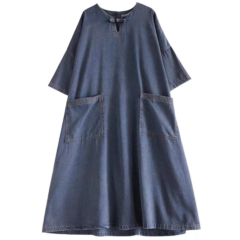 Casual Blue Oversized Pockets Old Button Long Denim Dresses