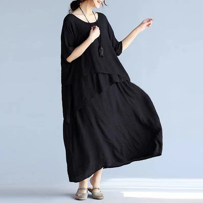 Loose Linen Layered Long Short Sleeve Cotton Dress