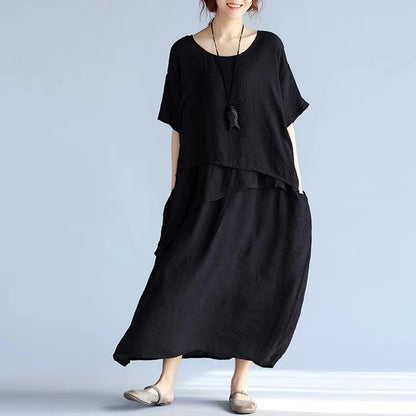 Loose Linen Layered Long Short Sleeve Cotton Dress