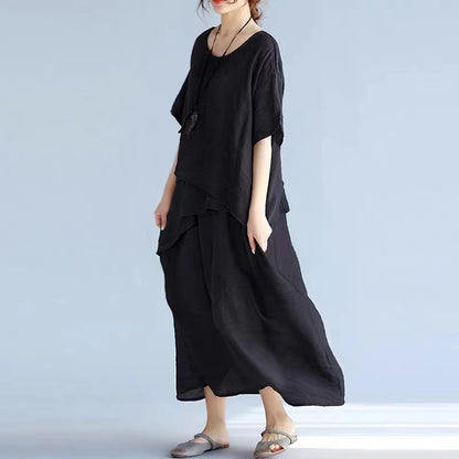 Loose Linen Layered Long Short Sleeve Cotton Dress