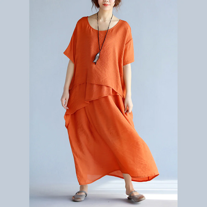 Loose Linen Layered Long Short Sleeve Cotton Dress