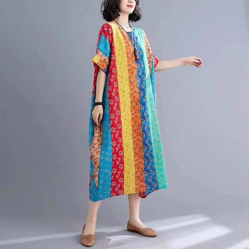 Loose Cotton Linen Printed Short Sleeve Beach Dress