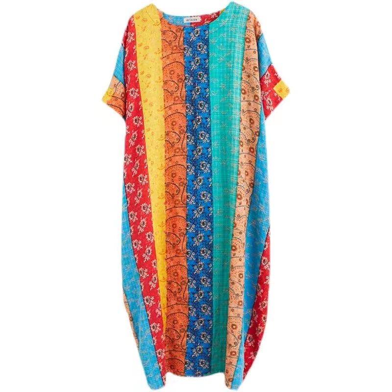 Loose Cotton Linen Printed Short Sleeve Beach Dress