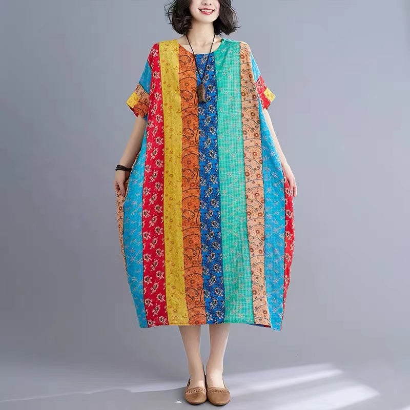 Loose Cotton Linen Printed Short Sleeve Beach Dress