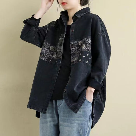 French Denim Cashew Print Long Sleeve Jacket