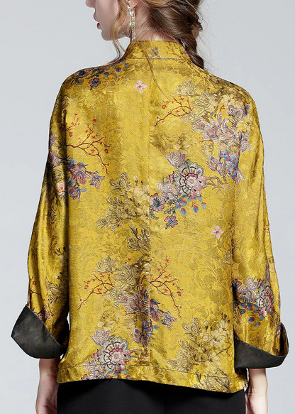 Chinese Style Standing Collar Button Printed Silk Long Sleeve Top