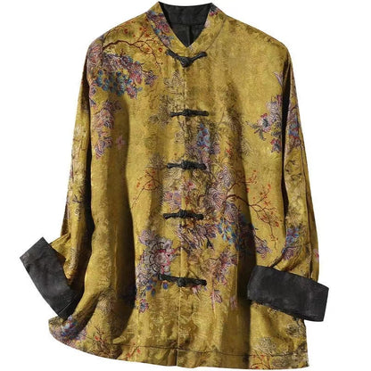 Chinese Style Standing Collar Button Printed Silk Long Sleeve Top