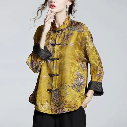 Chinese Style Standing Collar Button Printed Silk Long Sleeve Top