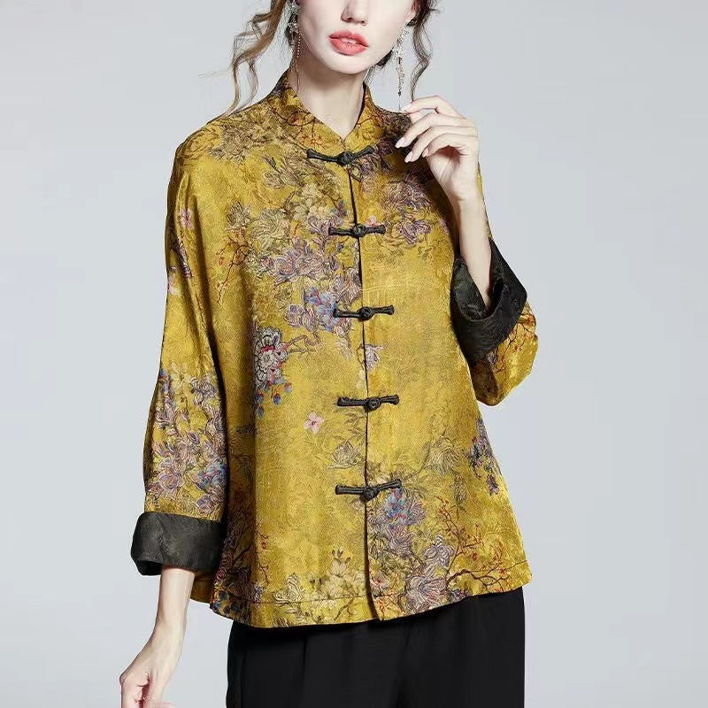 Chinese Style Standing Collar Button Printed Silk Long Sleeve Top