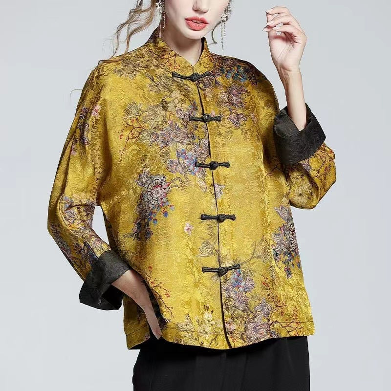 Chinese Style Standing Collar Button Printed Silk Long Sleeve Top