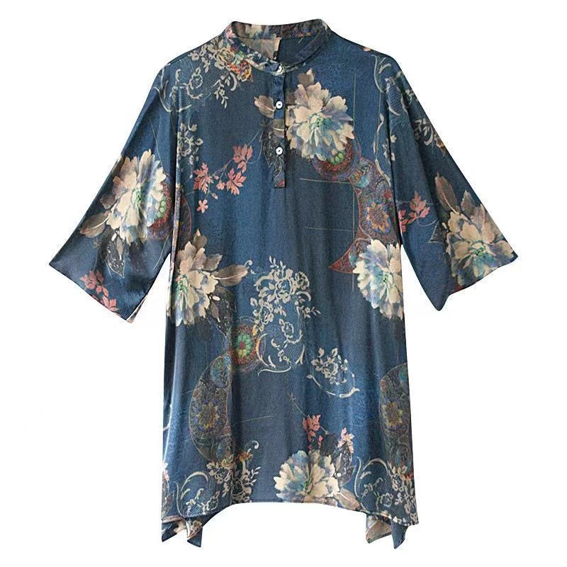 French Navy Print Peter Pan Collar Button Front and Back Asymmetric Printed Silk Top