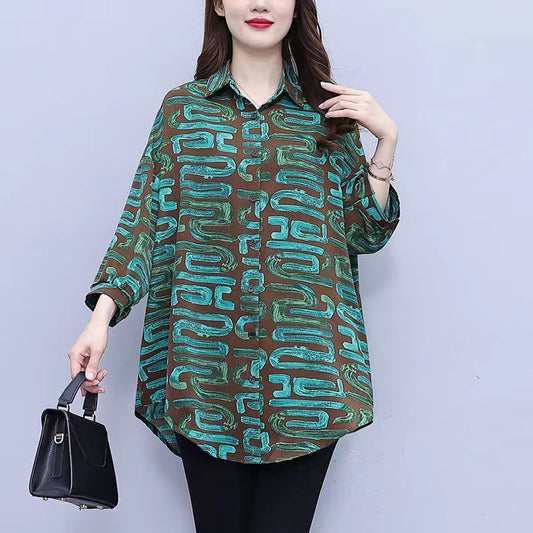 Loose Green Printed Big Silhouette Shirt