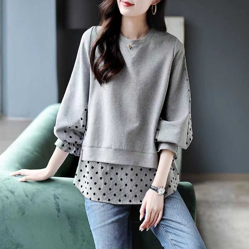 Loose False Two Piece Patchwork Polka Dot Long Sleeve Top