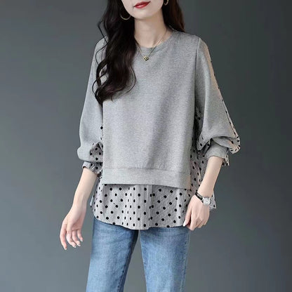 Loose False Two Piece Patchwork Polka Dot Long Sleeve Top