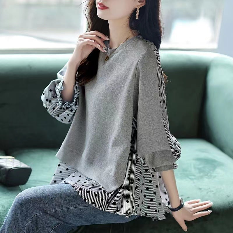 Loose False Two Piece Patchwork Polka Dot Long Sleeve Top