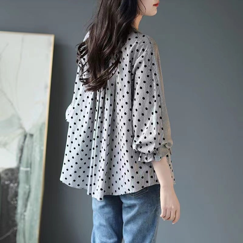 Loose False Two Piece Patchwork Polka Dot Long Sleeve Top