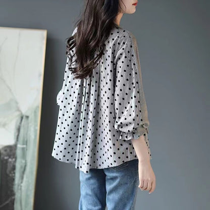 Loose False Two Piece Patchwork Polka Dot Long Sleeve Top