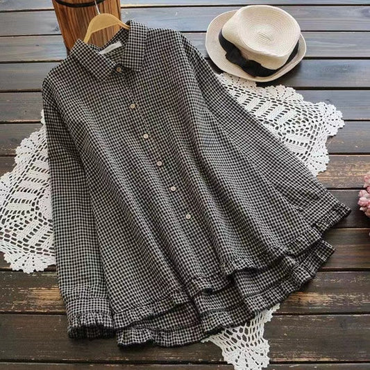 Loose Plaid Lapel Hem Ruffle Long Sleeve Shirt