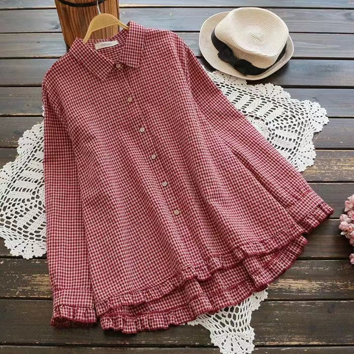 Loose Plaid Lapel Hem Ruffle Long Sleeve Shirt