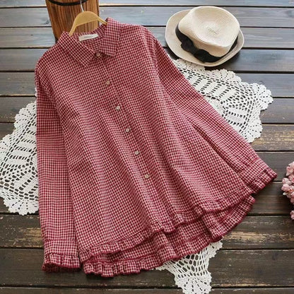 Loose Plaid Lapel Hem Ruffle Long Sleeve Shirt