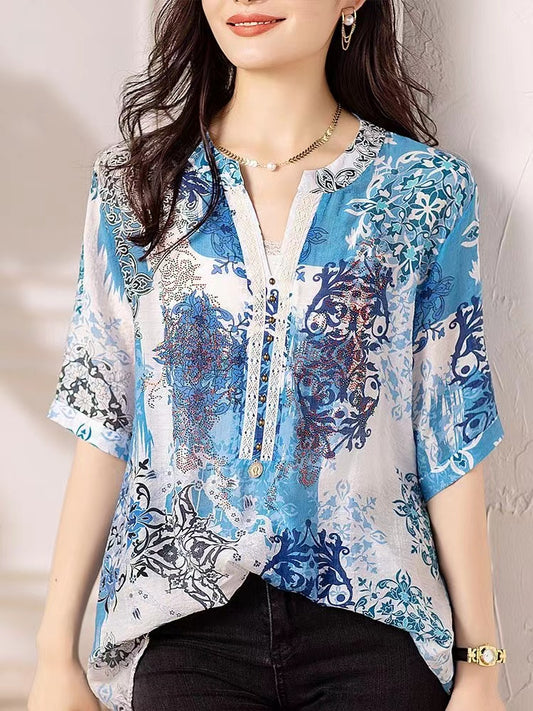 Vintage V-Neck Thin Printed Lace Patchwork Blouse