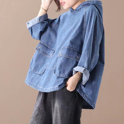 Loose Pocket Drawstring Hooded Denim Top