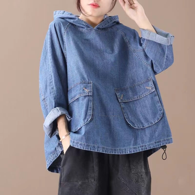 Loose Pocket Drawstring Hooded Denim Top