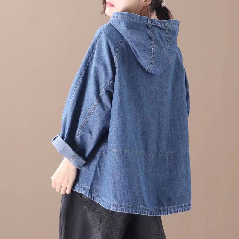 Loose Pocket Drawstring Hooded Denim Top