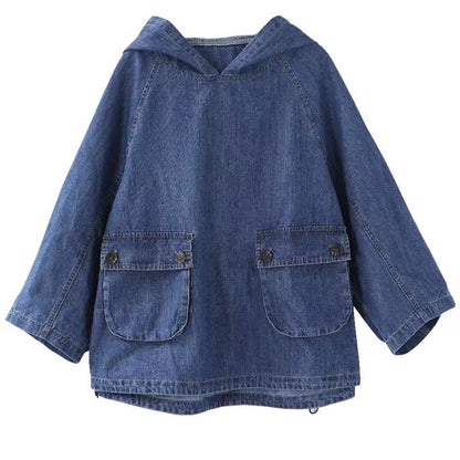 Loose Pocket Drawstring Hooded Denim Top