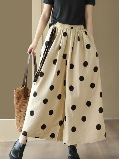 Vintage Polka Dot Casual Cotton Linen Big Hem Wide Leg Pants