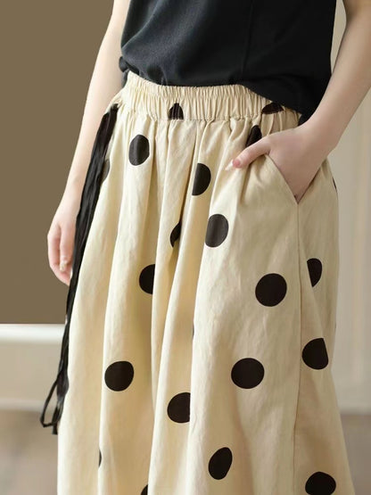 Vintage Polka Dot Casual Cotton Linen Big Hem Wide Leg Pants