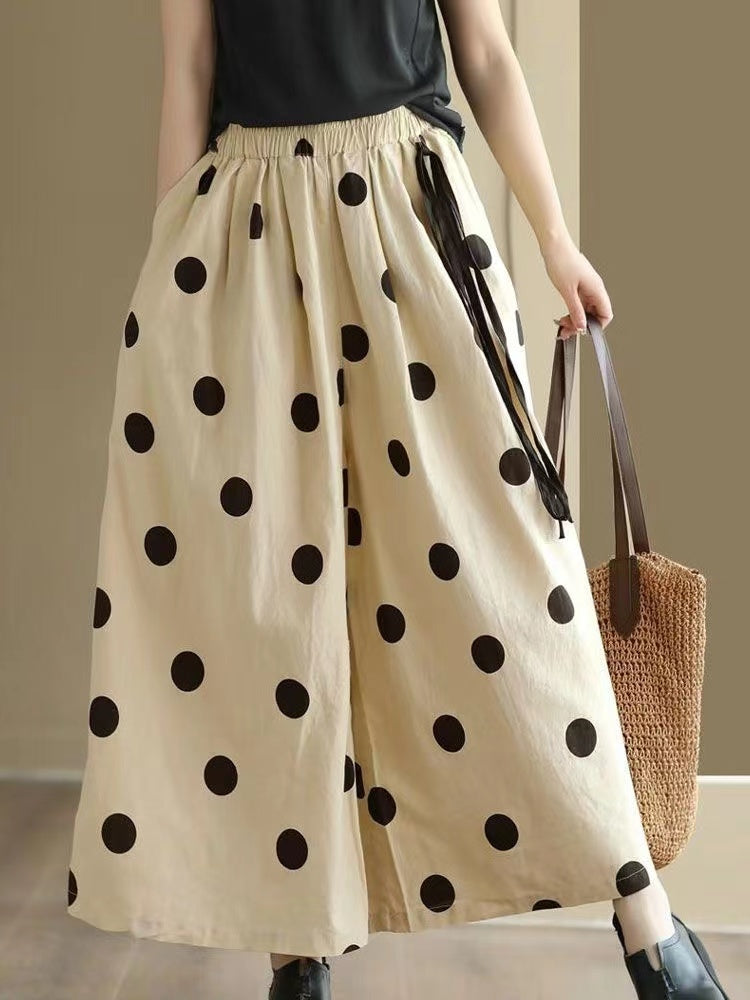 Vintage Polka Dot Casual Cotton Linen Big Hem Wide Leg Pants