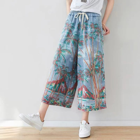 Women's Printed Pocket Elasticated Drawstring Wide Leg Jeans