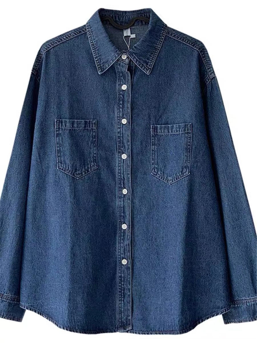 Loose Pocket Lapel Long Sleeve Denim Shirt