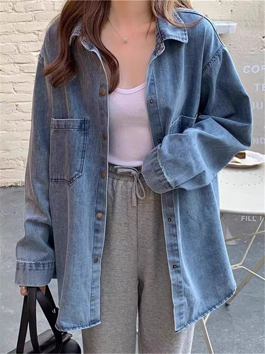 Loose Pocket Lapel Long Sleeve Denim Shirt