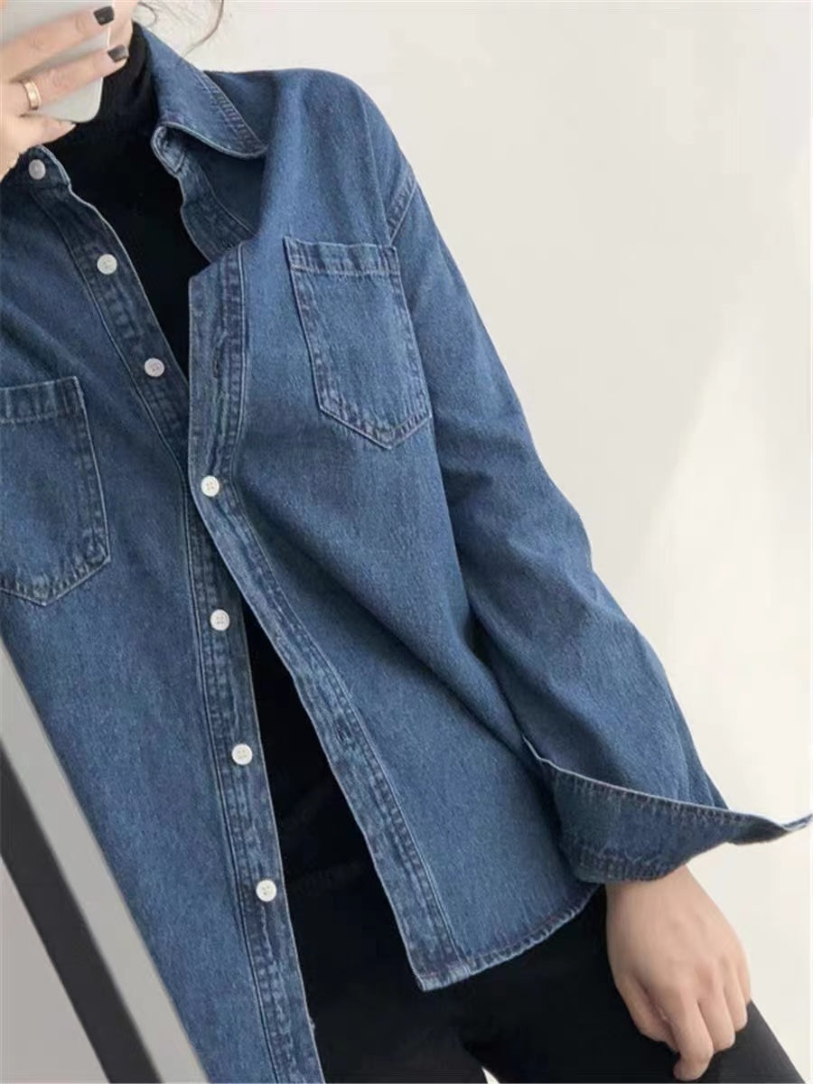 Loose Pocket Lapel Long Sleeve Denim Shirt