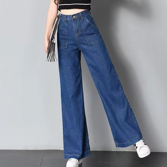 Versatile large pockets straight casual jeans