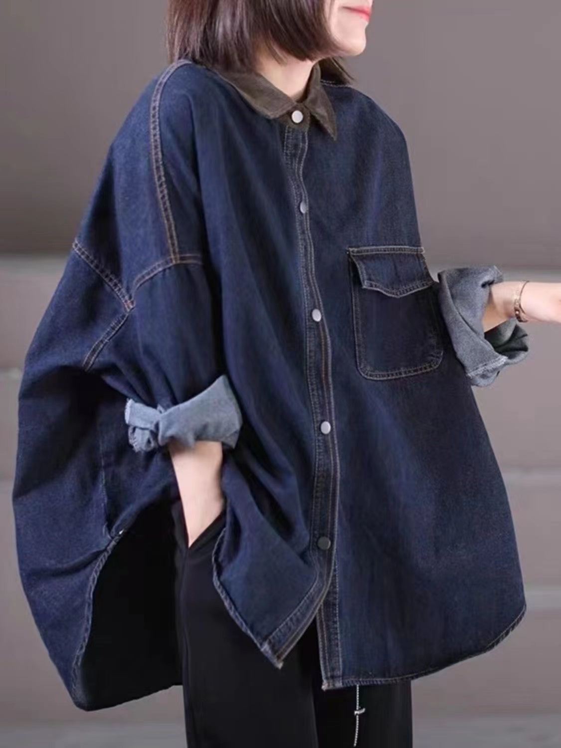 Loose Patchwork Pocket Lapel Shirt Denim