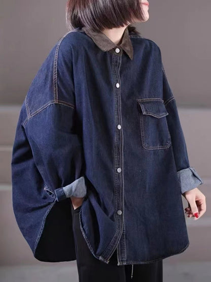 Loose Patchwork Pocket Lapel Shirt Denim