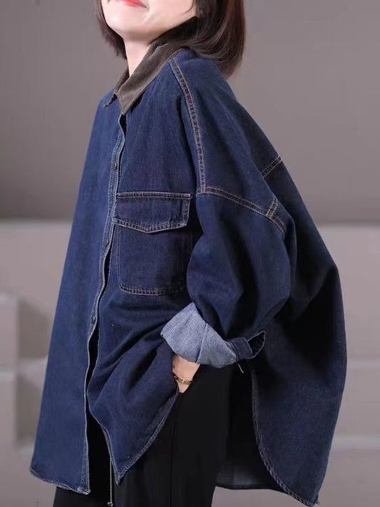 Loose Patchwork Pocket Lapel Shirt Denim