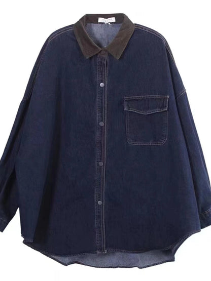 Loose Patchwork Pocket Lapel Shirt Denim