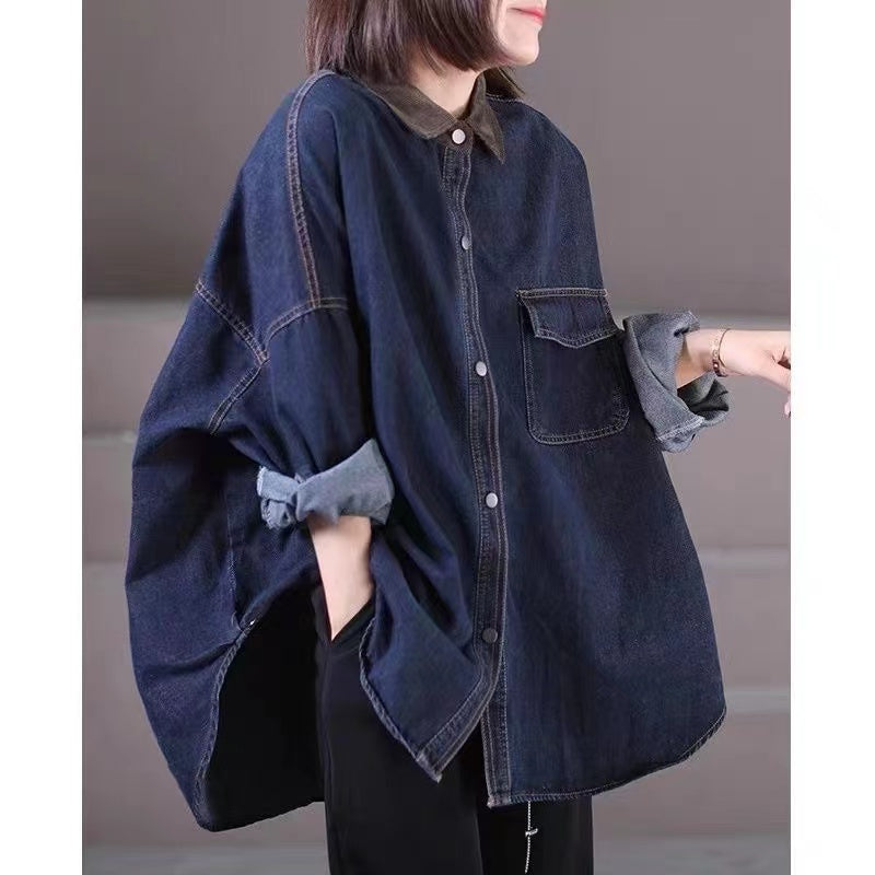 Loose Patchwork Pocket Lapel Shirt Denim