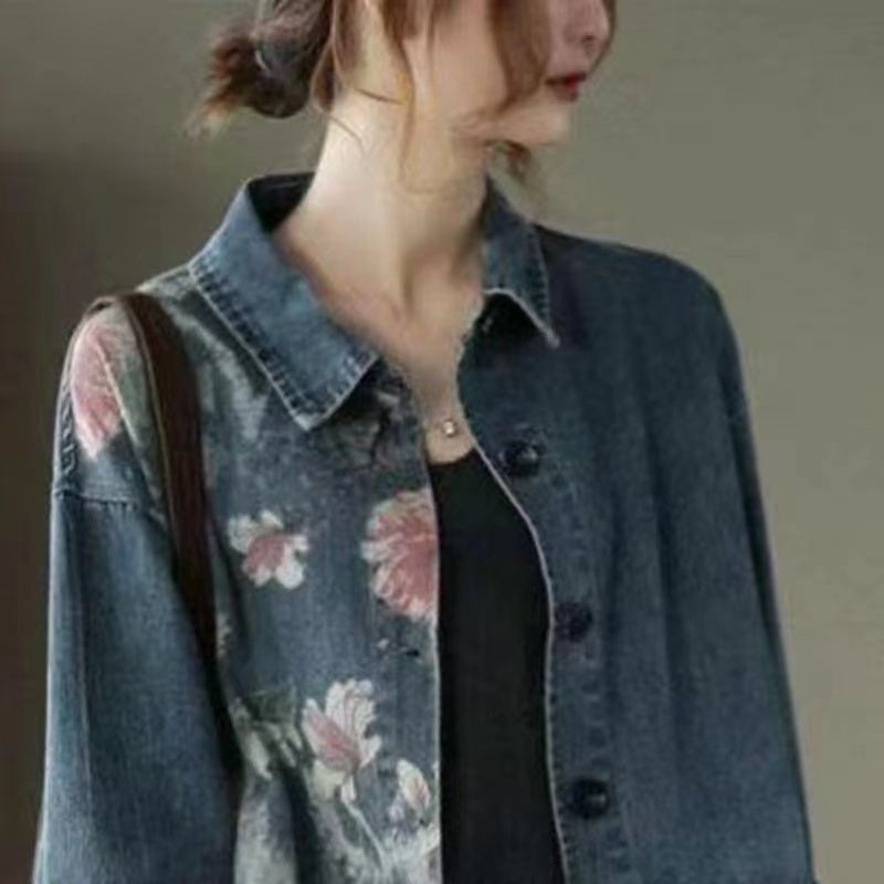 French Print Patchwork Shirt Denim Jacket