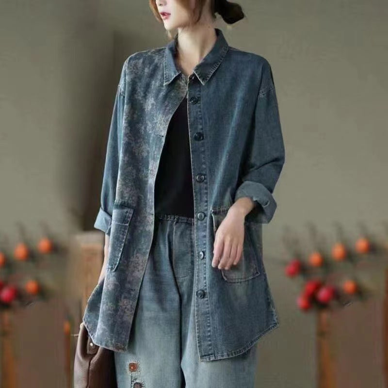 French Print Patchwork Shirt Denim Jacket